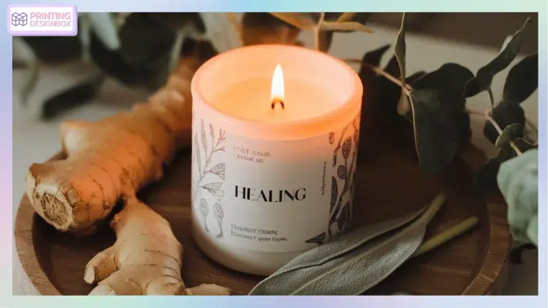 เทียนหอมสีขาวในแก้วใส ตกแต่งด้วยข้อความ "Healing" วางอยู่บนถาดไม้ พร้อมขิงสดและใบไม้ สร้างความรู้สึกสงบและเหมาะสำหรับการตลาดผลิตภัณฑ์สปา