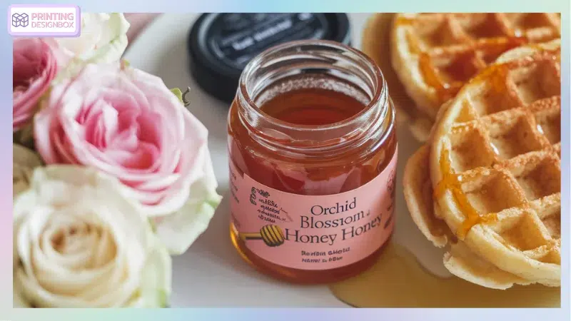 น้ำผึ้งในขวดแก้วแบรนด์ "Orchid Blossom Honey Honey" จับคู่กับวาฟเฟิลทองกรอบและดอกกุหลาบสีชมพู ให้ความรู้สึกหรูหราและดึงดูดใจในตลาดของหวานและผลิตภัณฑ์ธรรมชาติ