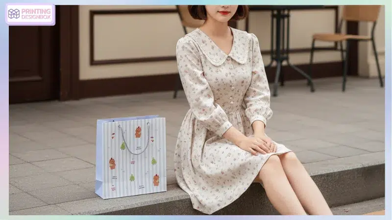 7 Checklist ก่อนสั่งผลิตถุงกระดาษ ให้คุ้มทุน ตรงสเปค สั่งผลิตถุงกระดาษ ถุงกระดาษดีไซน์ลายการ์ตูนน่ารักจาก PrintingDesignBox วางข้างหญิงสาวในชุดลายดอก