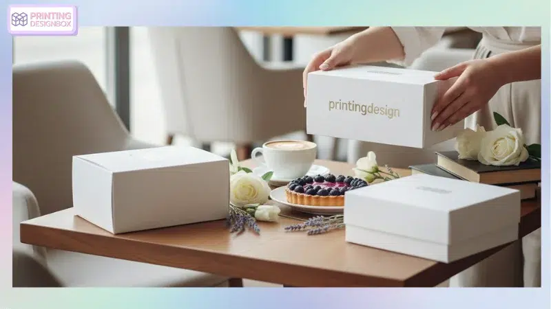 8 ไอเดียออกแบบกล่องขนม ช่วยสร้างแบรนด์ให้ติดตลาด กำไรพุ่ง แน่นอน ออกแบบกล่องขนม ออกแบบกล่องขนมสีขาวพิมพ์โลโก้ทอง สำหรับบรรจุทาร์ตและขนมเบเกอรี่