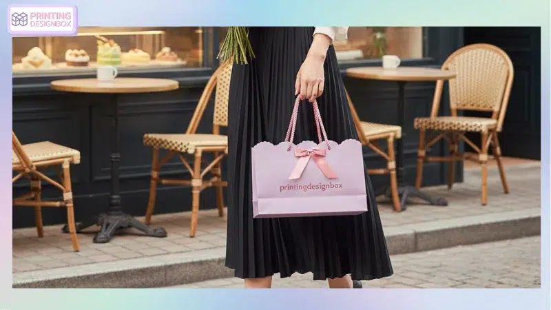 เลือกใช้ถุงกระดาษช้อปปิ้งแบบไหนดี สวย คงทน เหมาะสมกับแบรนด์ ถุงกระดาษช้อปปิ้ง ถุงกระดาษช้อปปิ้งสีชมพูพาสเทลผูกโบว์ดำ สไตล์มินิมอล
