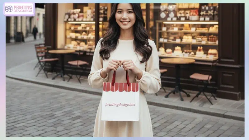 เลือกใช้ถุงกระดาษช้อปปิ้งแบบไหนดี สวย คงทน เหมาะสมกับแบรนด์ ถุงกระดาษช้อปปิ้ง ผู้หญิงถือถุงกระดาษช้อปปิ้งสีขาวแดงจาก PrintingDesignBox หน้าร้านเบเกอรี่