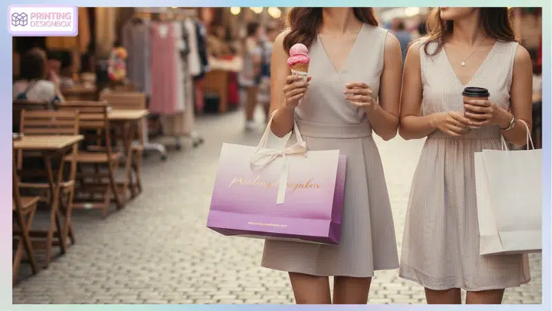 เลือกใช้ถุงกระดาษช้อปปิ้งแบบไหนดี สวย คงทน เหมาะสมกับแบรนด์ ถุงกระดาษช้อปปิ้ง ผู้หญิงถือถุงกระดาษช้อปปิ้งพิมพ์โลโก้ PrintingDesignBox เดินเล่นในย่านช้อปปิ้ง