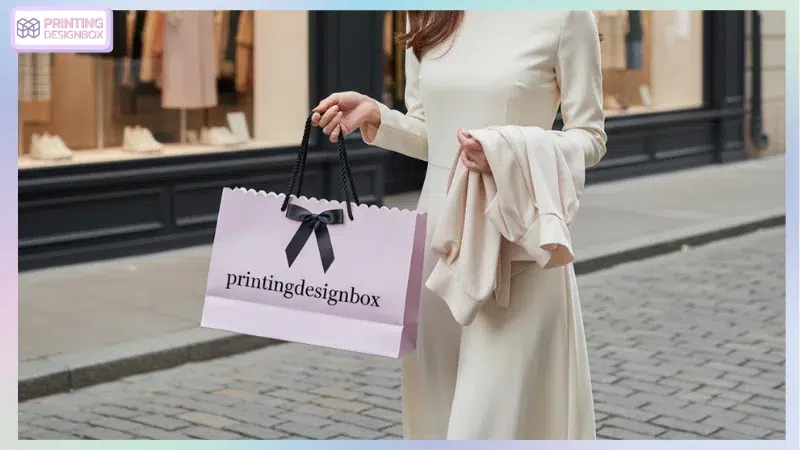เลือกใช้ถุงกระดาษช้อปปิ้งแบบไหนดี สวย คงทน เหมาะสมกับแบรนด์ ถุงกระดาษช้อปปิ้ง ผู้หญิงถือถุงกระดาษช้อปปิ้งสีขาวแดงจาก PrintingDesignBox หน้าร้านเบเกอรี่