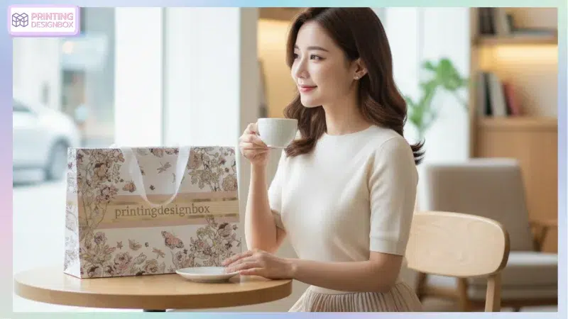 เลือกใช้ถุงกระดาษช้อปปิ้งแบบไหนดี สวย คงทน เหมาะสมกับแบรนด์ ถุงกระดาษช้อปปิ้ง ผู้หญิงถือถุงกระดาษช้อปปิ้งลายดอกไม้ นั่งจิบกาแฟในคาเฟ่