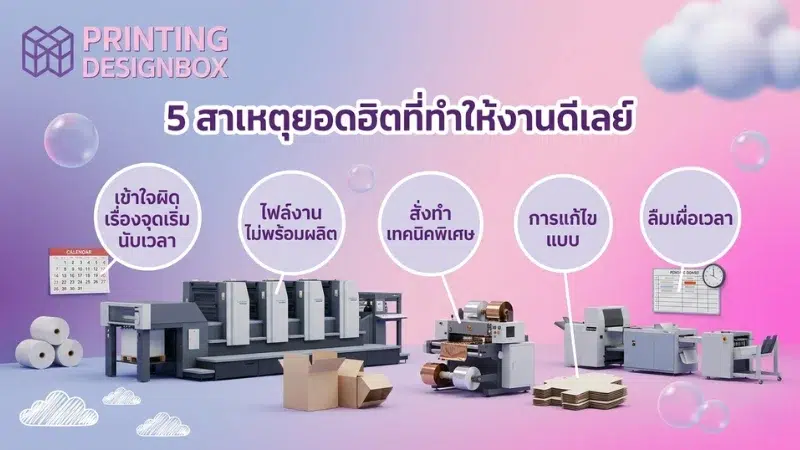 รู้ไว้ก่อน! สั่งผลิตบรรจุภัณฑ์ กับ 5 สาเหตุยอดฮิตที่ทำให้งานดีเลย์ สั่งผลิตบรรจุภัณฑ์ 5 สาเหตุยอดฮิตที่ทำให้งานสั่งผลิตบรรจุภัณฑ์ล่าช้าในการผลิต