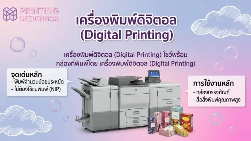 เครื่องจักรผลิตกล่องกระดาษ มีอะไรบ้าง? เครื่องจักรผลิตกล่องกระดาษ เครื่องพิมพ์ดิจิตอล เครื่องจักรผลิตกล่องกระดาษสำหรับงานพิมพ์จำนวนน้อยและงานเร่งด่วน