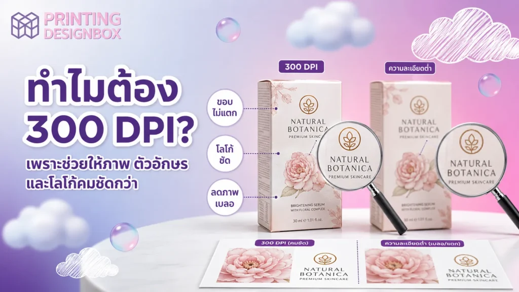 ความละเอียดงานพิมพ์ ความละเอียดภาพสำหรับงานพิมพ์กล่องต้องเป็นเท่าไร? ความละเอียดงานพิมพ์ ทำไมต้องใช้ 300 DPI ในงานพิมพ์กล่อง เพื่อให้ภาพ โลโก้ และตัวอักษรคมชัดไม่แตก