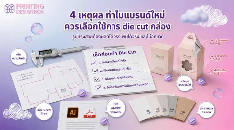 การ die cut กล่องคืออะไร ทำได้ทุกรูปทรงไหม? แบรนด์ใหม่ต้องรู้ die cut กล่อง เช็กลิสต์ก่อนผลิตกล่อง die cut เช่น bleed ขนาดกล่อง ไฟล์ AI PDF และการเลือกกระดาษ