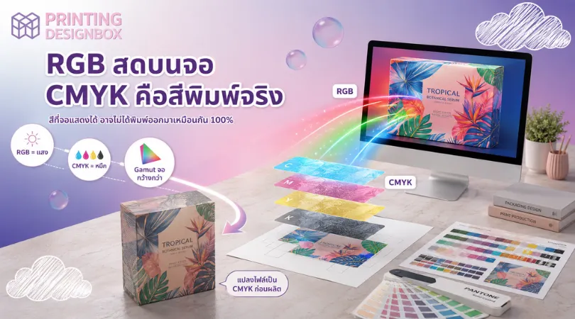 ทำไมสีงานพิมพ์ไม่ตรงจอ? ไขข้อข้องใจจากโรงพิมพ์ พร้อมวิธีป้องกันปัญหา สีงานพิมพ์ เช็คลิสต์ก่อนส่งไฟล์งานพิมพ์กล่อง ป้องกันสีเพี้ยนด้วยการตั้งค่า CMYK และตรวจสอบสี