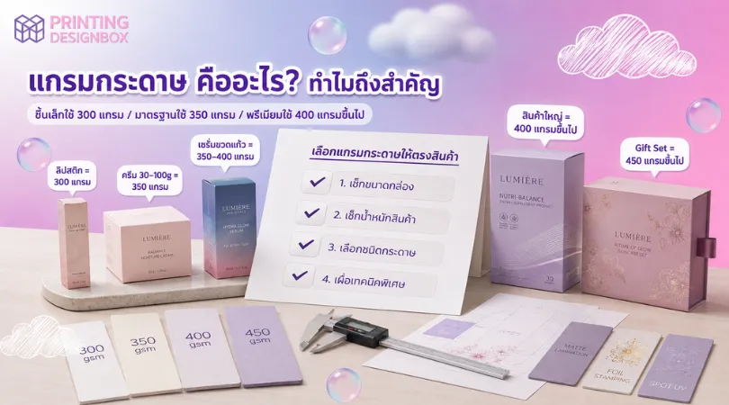 ความหนากระดาษ ของกล่องสกินแคร์ ควรใช้กี่แกรม? แบรนด์ใหม่ต้องรู้ ความหนากระดาษ ตัวอย่างกระดาษ 300 350 400 450 แกรม สำหรับงานพิมพ์กล่องสกินแคร์