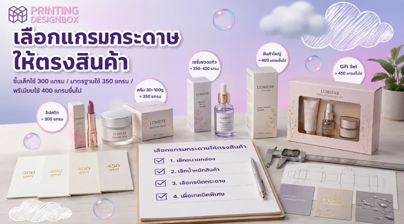 ความหนากระดาษ ของกล่องสกินแคร์ ควรใช้กี่แกรม? แบรนด์ใหม่ต้องรู้ ความหนากระดาษ เลือกความหนากระดาษกล่องสกินแคร์ตามประเภทสินค้า เช่น 300 350 และ 400 แกรม